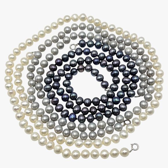 Freshwater Pearl Necklaces Lot Knotted Strands Gray Cream Peacock Sterling Clasp - Picture 2 of 9